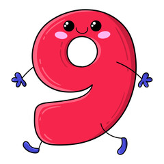 Illustration of number nine in Kawaii style walking smiling, design for t-shirt, clipart