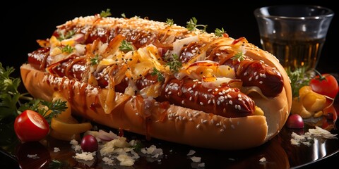 AI Generated. AI Generative. Classic american fast food hot dog. Fresh meat sausages  bum vegetables. Junky street food restaurant menu. Graphic Art