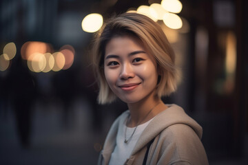 Fototapeta premium beautiful young asian adult woman standing outside with natural light, sun light smiling, copy space