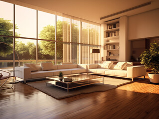 A modern luxury spacious living room with large glass wall, couch, and home furnitures, AI Generation