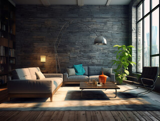 A modern luxury spacious living room with large glass wall, couch, and home furnitures, AI Generation