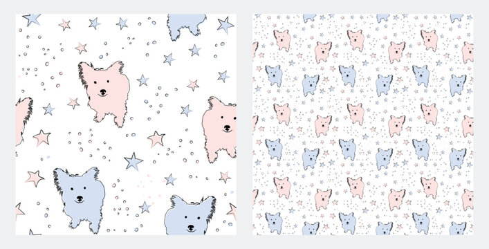 Pattern design with funny Blue and Pink Cairn Terrier doodles, seamless pattern with stars. T-shirt textile, linen, wrapping paper, white background graphic design. Wallpaper for Babies and kids.