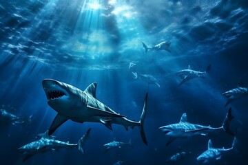 sharks swim in the deep sea