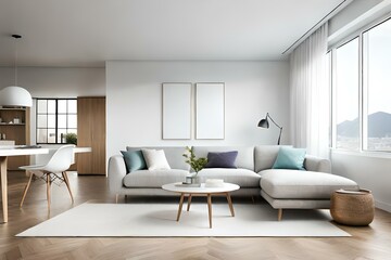 white living room with a modern boho-style interior, where a white wall serves as a canvas for blank picture frame mockups. AI-Generated