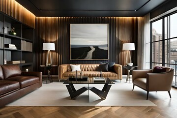 The black walls create a bold and dramatic backdrop, while a luxurious leather sofa becomes the focal point of comfort and elegance. AI-Generated