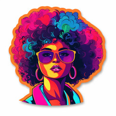 Beauty Woman in Sunglasses with curly hair. Young Afro American Girl Face, Colorful sticker in neon colors. Generative ai illustration in cartoon style
