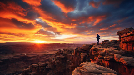 Obraz premium A landscape photographer perched on a rocky cliff, capturing a breathtaking sunset over a vast horizon Generative AI