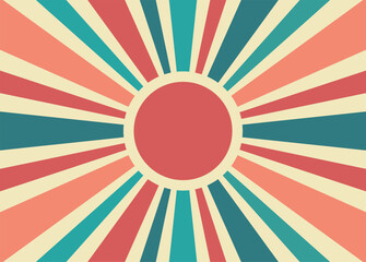 Vintage striped backdrop with a sun. Bright groovy poster or placard. Retro sunburst background. 70s old fashioned colorful radiate lines banner. Graphic design wallpaper element. Vector illustration - obrazy, fototapety, plakaty