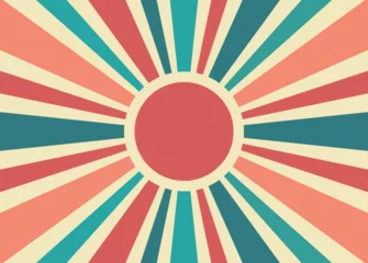  Vintage striped backdrop with a sun. Bright groovy poster or placard. Retro sunburst background. 70s old fashioned colorful radiate lines banner. Graphic design wallpaper element. Vector illustration © Tasha Vector