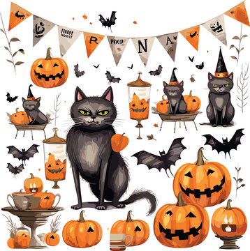 Happy Halloween big collection, party garlands, various holiday symbols. Hand drawn watercolour painting on white, clip art graphic elements for creative design, printable decor.GenerativeAI.