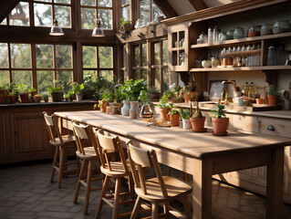 Fototapeta premium wooden interior of a country house spacious kitchen, AI Generation