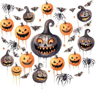 Happy Halloween big collection, party garlands, various holiday symbols. Hand drawn watercolour painting on white, clip art graphic elements for creative design, printable decor.GenerativeAI.