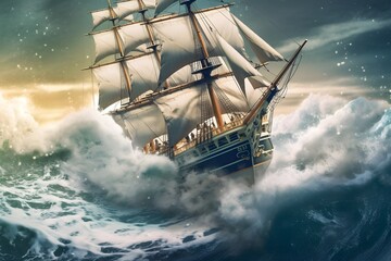 sailing ship in the sea with very big waves