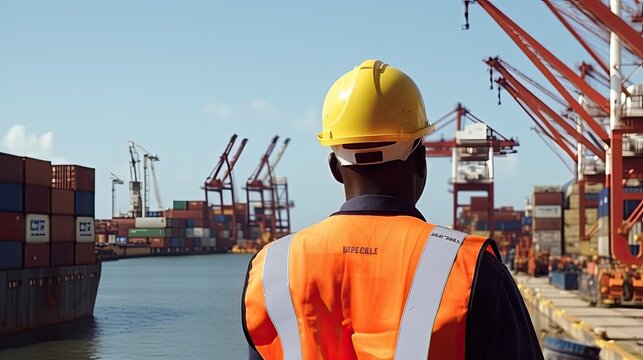 a man wearing full ppe standing looking at port cargo, container box at a goods port