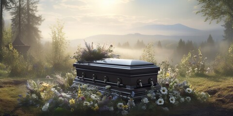 Obraz premium AI Generated. AI Generative. Funeral religion culture event. Graveyard with tomb and many flowers plant on it. Graphic Art