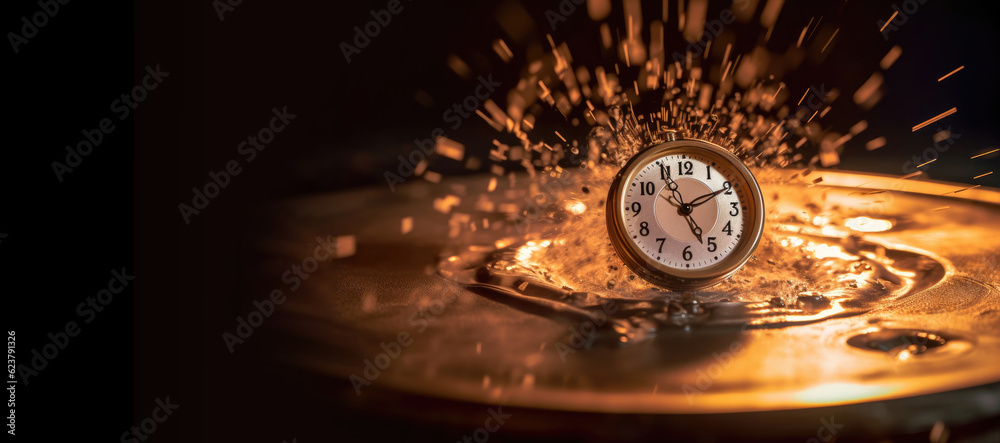 Wall mural A vintage pocket watch surrounded by floating particles symbolizes the passing of time. Time and countdown concept banner.