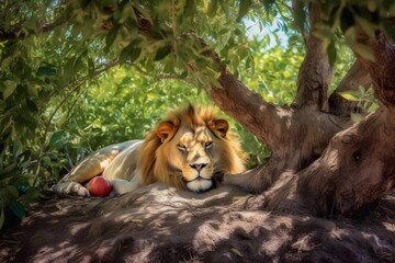 a lion is resting under a tree