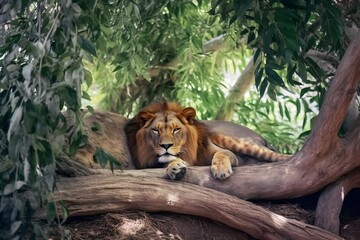 a lion is resting under a tree