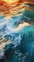Fototapeta na wymiar turquoise ocean waves over gold sand , top view, ai generative