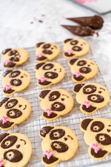 Panda shaped shortbread cookies with chocolate icing