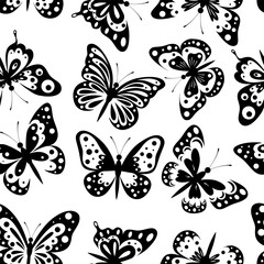 Vector Seamless Pattern with Butterfly. Different Black Butterflies on White Background. Decorative Design Element, Seamless Print. Vector illustration
