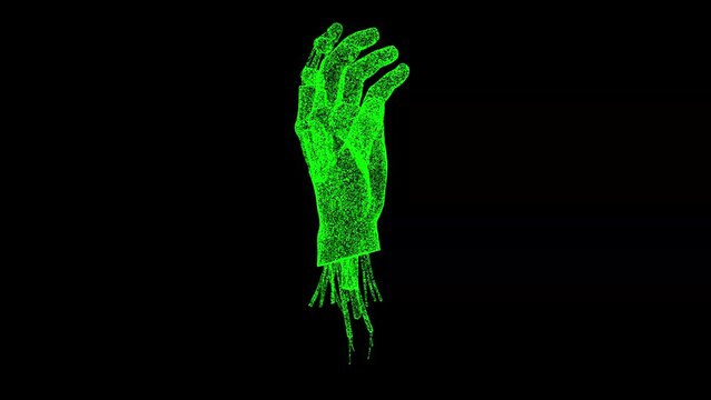 3D Robot Arm rotates on black bg. The concept of human interaction with artificial intelligence. AI security concept. For title, text, presentation. Business advertising backdrop. 3d animation 60 FPS