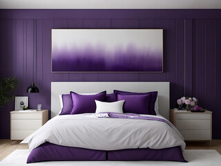 In a Purple bedroom with white wood wall paneling, two bedside tables, two unique pendant lights, and a dark bed, there are two paintings. Interior design idea for a contemporary home