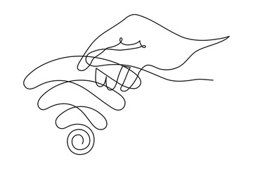 Hand with WI-FI signal one line art,hand drawn palms holds internet hotspot,access point continuous contour.Free zone wireless online concept,template outline.Editable stroke.Isolated.Vector