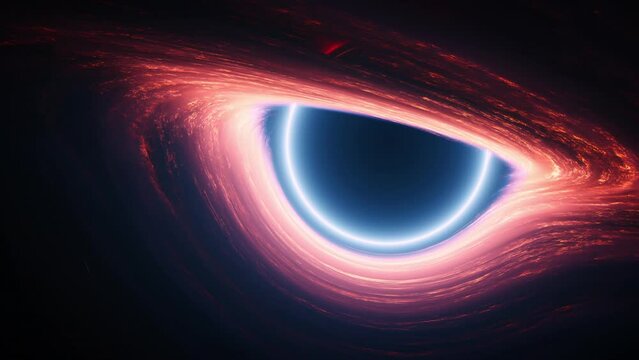 Giant black hole in outer space. Concept 3d animation revealing wide shot. Interstellar wormhole as a dark star with swirling aura of cosmic nebula gas orbiting the singularity at high temperature.
