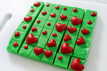 Green fudge with red hearts