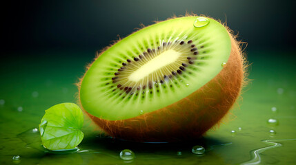 Kiwi fruit with water drops on a dark green background.AI Generated