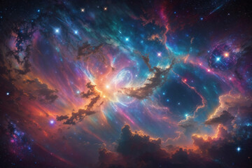 Fototapeta Colorful space galaxy cloud nebula. Stary night cosmos. Universe science astronomy. Supernova background wallpaper. Generative Al obraz