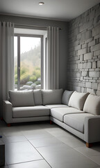 light grey colour morden living room sofa with pillows in front of a natural stone wall