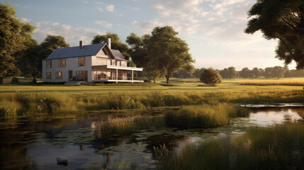 Fototapeta premium A secluded home nestled in the midst of an expansive field.