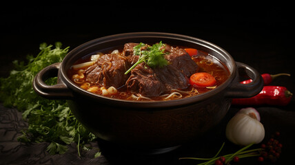 A bowl of oxtail soup on black background