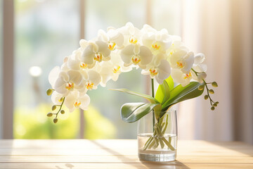 white orchid flower decoration in a glass vase with sunlight on wooden table with copy space, floral spa background with spirit of purity with Generative AI technology.