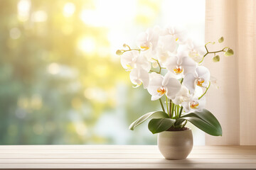 white orchid flower decoration in a glass vase with sunlight on wooden table with copy space, floral spa background with spirit of purity with Generative AI technology.