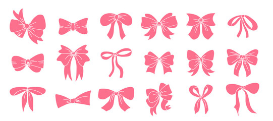 Gift bow set. Pink silhouette, birthday and christmas elegant ribbons for presents decoration. Different decor for boxes packaging. Wrapping elements, cards wrap pack vector isolated set