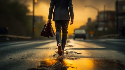 A businessman walking on the road at sunset. Generative AI
