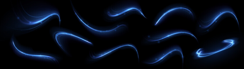 Blue glowing shiny lines effect vector background. Luminous white lines of speed. Light glowing effect. Light trail wave, fire path trace line and incandescence curve twirl. - obrazy, fototapety, plakaty