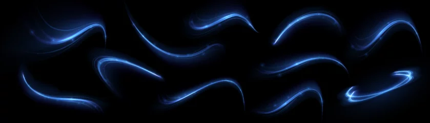 Foto op Aluminium Blue glowing shiny lines effect vector background. Luminous white lines of speed. Light glowing effect. Light trail wave, fire path trace line and incandescence curve twirl. © roman11998866