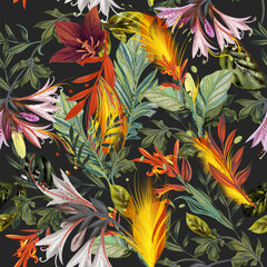 Fashion vector seamless pattern tropical bright flowers leaves stylish print design