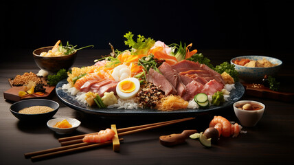 Fototapeta na wymiar Assortment of Japanese food on black background
