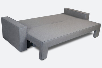 Unfolded gray color scandinavian style contemporary sofa on white background with modern and minimal furniture design. Including clipping path