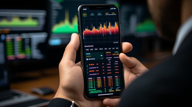 A crypto investor holding a mobile phone with a stock market chart on the screen. Generative AI
