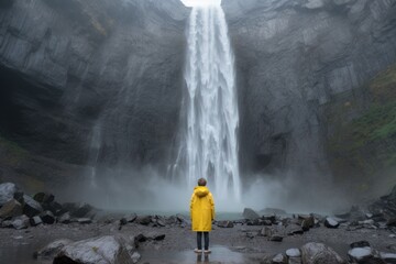 Obraz premium Kid in yellow rain coat standing in front of a large majestic waterfall. Generative AI 4 