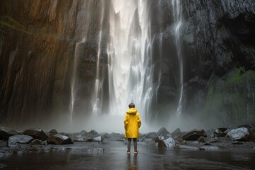 Kid in yellow rain coat standing in front of a large majestic waterfall. Generative AI 