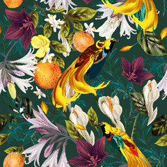 FFashion vector seamless pattern tropical plants, flowers and paradise birds