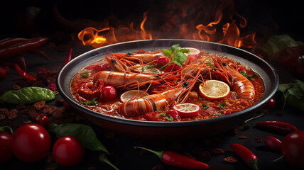Asian spicy seafood on black background