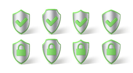 3D render shields with padlock and tick sign. Concept of privacy, secure data protection, access security, verification system. Vector 3d Illustration